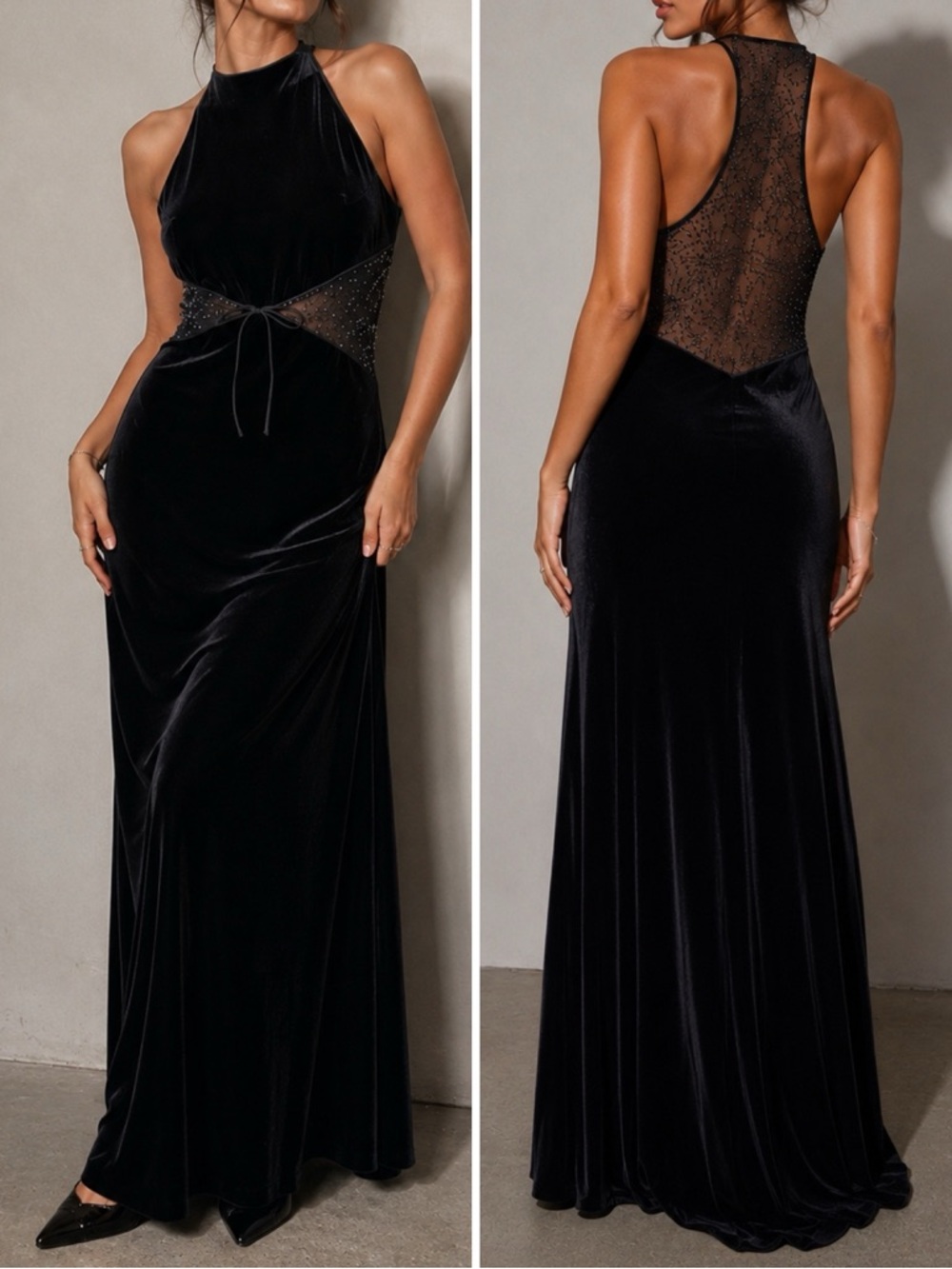 Vintage 90s Black‎ Velvet High Neck Mesh Cutout Beaded Gown Full Length Dress